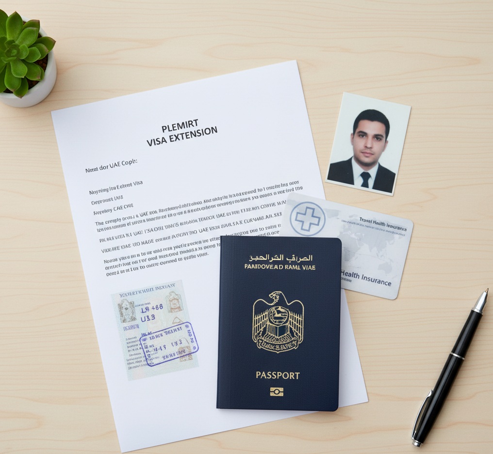 Essential documents for Dubai visa extension: passport, visa copy, photograph, and health insurance card.