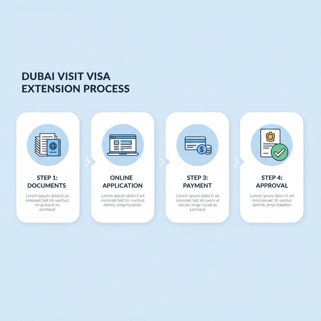 Infographic detailing the four-step process for Dubai visit visa extension: documents, online application, payment, and approval.