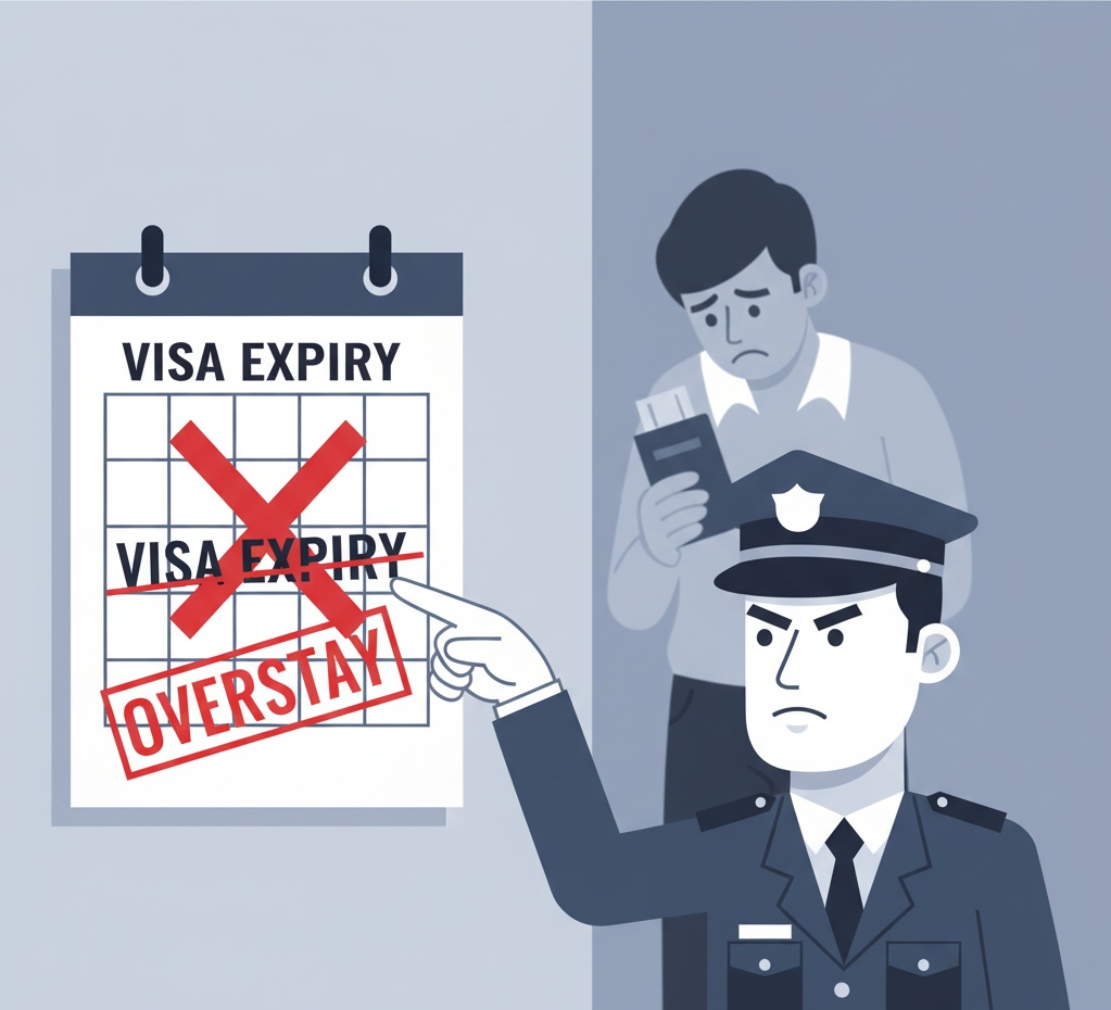 Customs officer highlighting an expired visa date, symbolizing overstay fines and penalties in Dubai.
